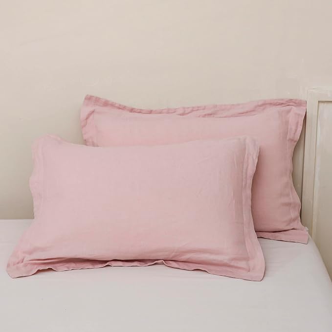 100% French Linen Pillow Shams Basic Style - Pack of 2 - Washed Solid Color Natural Flax Soft Breathable - Blush Pink, 20'' x 26''