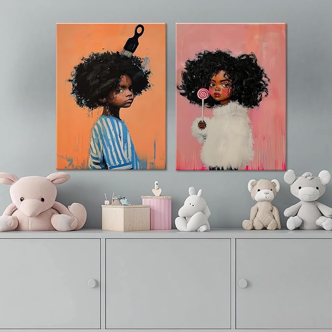 Black Kids Wall Art - Afro American Children Canvas Prints, Modern African American Portrait Paintings for Girls Bedroom, Cute Black Girl Nursery Art, Cultural Wall Decor， Framed12 x 16inches X2piece