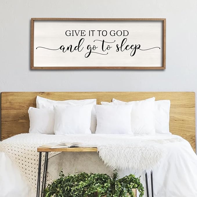 Give It To God And Go To Sleep Sign Wall Decor 40"X15" Master Bedroom Above Bed Large Farmhouse Wall Decor Wood Rustic Framed Over Bed Wall Art Hanging Decoration (Wood White)