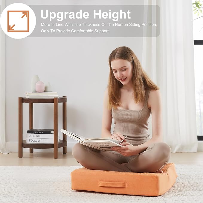 JKMAX 2 Pcs High Density Foam Floor Pillow - Upgraded Large Pillows Seating for Adults - Outdoor Floor Cushion with Soft Tufted Cover - Yoga Pillows for Sitting On Floor - 22 Inch Orange