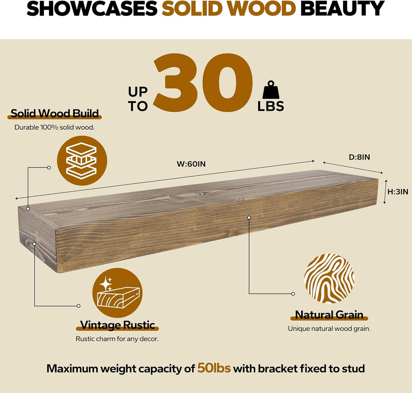 Floating Shelves 3 inch Thick for Wall Set of 2,Solid Pine Wood Wall Mount Shelf for Kitchen Living Room Bedroom Bathroom,8" D x 60" L x 3" H-Black Walnut