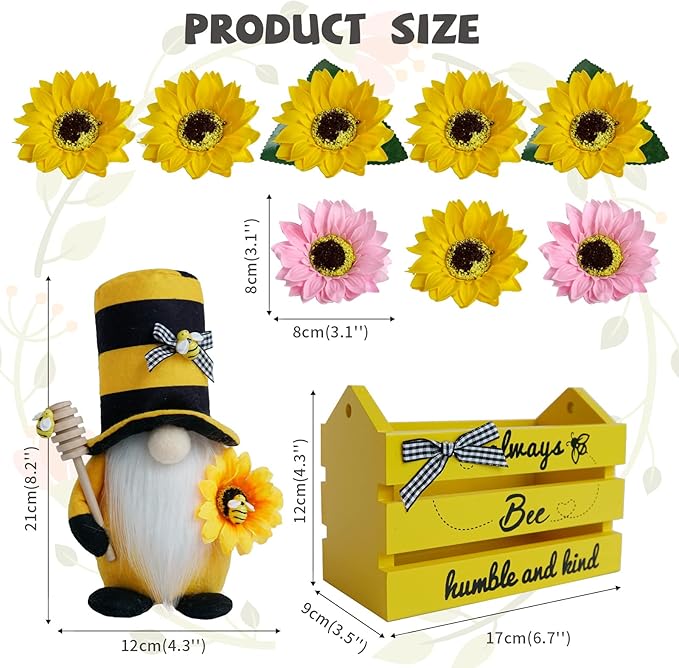 Bee Decor, Wood Bee Crate Decorations, Humble Bee Gnome Plush with Honey Dipper,Rustic Farmhouse Bee Tiered Tray Decor, Mini Wood Crate with Artificial Sunflowers Decor, Summer Decorations for Home