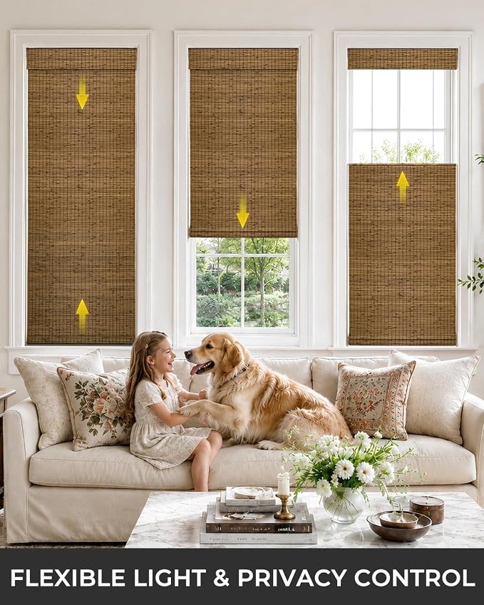 UNISHADES No Drill Cordless Bamboo Roman Shades, 45×64 in, Highfield Teak | Room Darkening Top Down Bottom Up Window Blinds for Indoor Windows