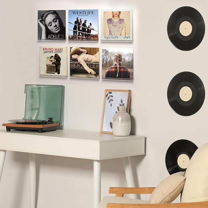 Laurensory 20 Pack Vinyl Record Shelf Wall Mount, 12-Inch Clear Acrylic Album Storage Holder, Floating Display Shelves for Wall Decor, Magazine Shelf, Kids Bookshelf, Suitable for Bedroom, Living Room