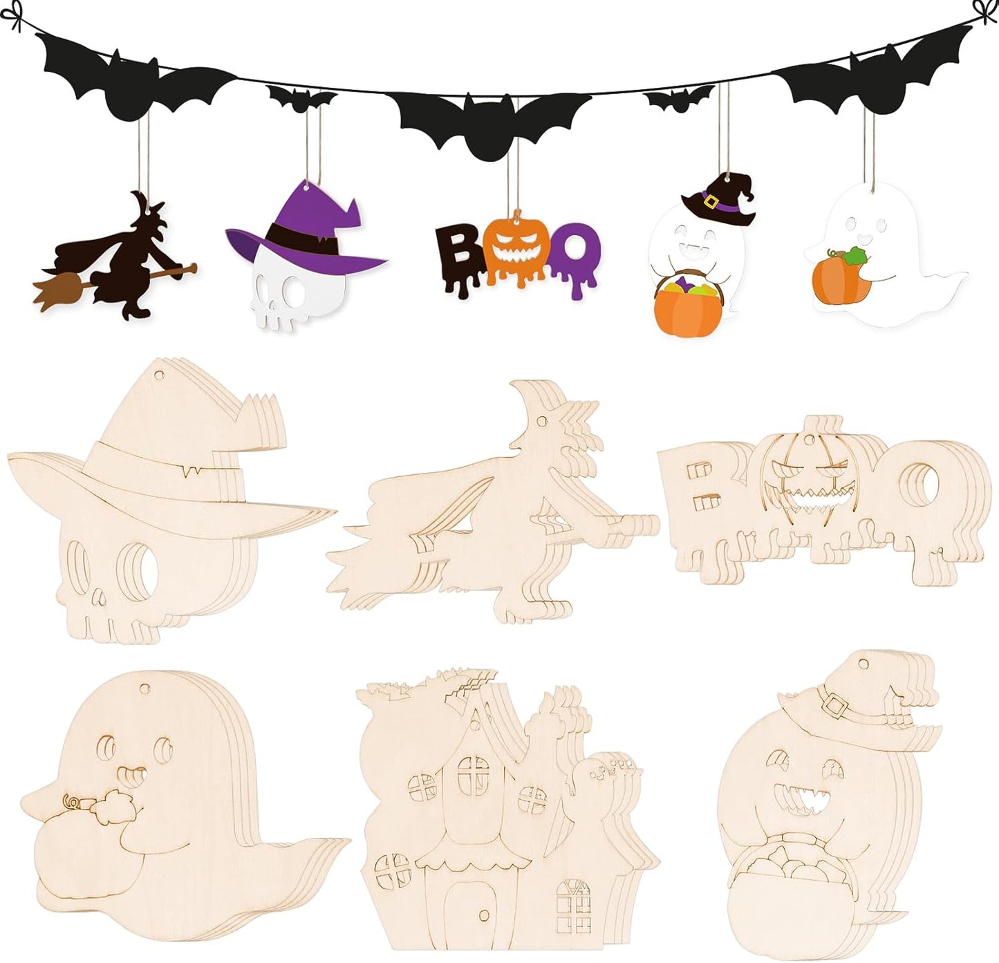 24 PCS Unfinished Wooden Halloween Crafts, Pumpkin Ghost Shaped Hanging Ornaments DIY Wood Craft Cutouts for Home Party Decor (Halloween)