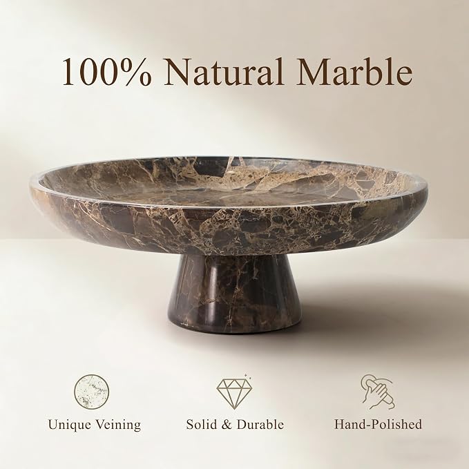 YMXYJM Natural Marble Fruit Bowl, Pedestal Bowl,Brown | Natural marble pedestal bowl for fruit, keys, and decor on kitchen counters, dining tables, living rooms, or entryways