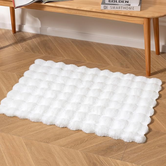 Ashler Faux Rabbit Fur Rug, White 2x3 FT Fluffy Soft Runner Area Rugs, Rectangle Fuzzy Carpet for Living Room, Bedroom, Machine Washable - 3D Bubble Mat