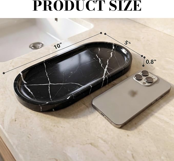 Black Marble Vanity Tray - 100% Natural Stone Bathroom Countertop Organizer for Perfume & Jewelry, 10" Decorative Plate for Toilet Tank