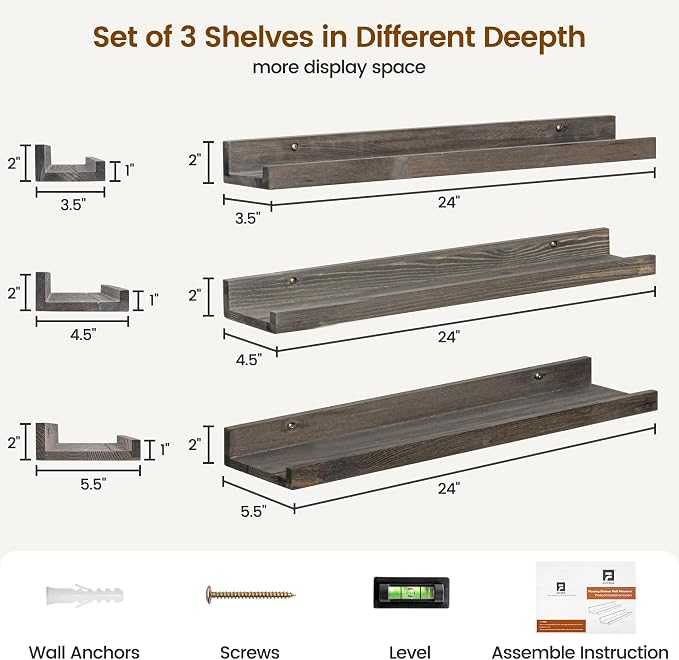 FLYJOE Picture Ledge Wall Shelves - 24 Inch Width Set of 3, Solid Pine Wood Rustic Floating Ledge Shelves for Kids' Room, Bedroom, Kitchen, Bathroom, Living Room, Nursery Display Wall Decor, Grey