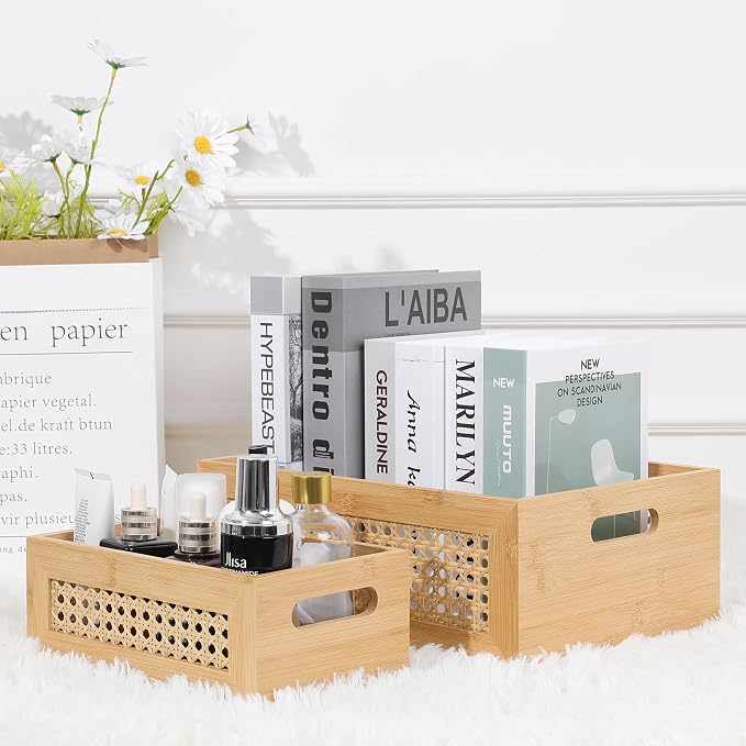 Wooden Storage Basket Set of 2 Handmade Rattan Drawer Storage Box with Frame & Handles Decorative Natural Bamboo Woven Bins Rustic Farmhouse Decor Home Office Tabletop Shelf Organizer, NAtural