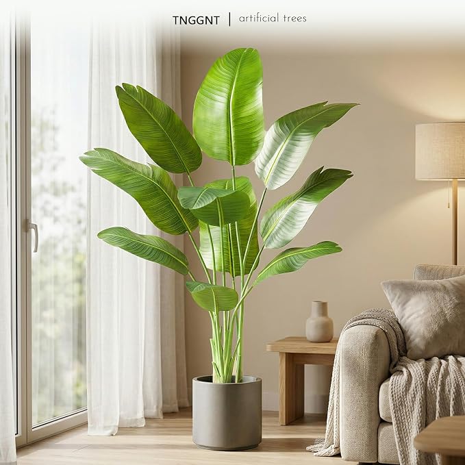 Artificial Bird of Paradise Plant：5FT Fake Traveler’s Palm Faux Banana Tree Elephant Ear Leaf Tall Silk Floor Plant in White Pot for Home Decor Indoor Office Entryway Balcony Patio café Hotel