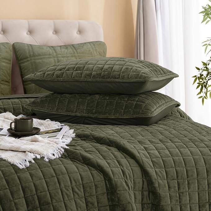 PHF Luxurious Velvet Quilt Set King Size – 3PCS Super Soft Quilted Comforter Alternative with Square-Box Quilt Pattern, Warm Quilted Bedspread Coverlet, 108" x 92", Smokey Olive