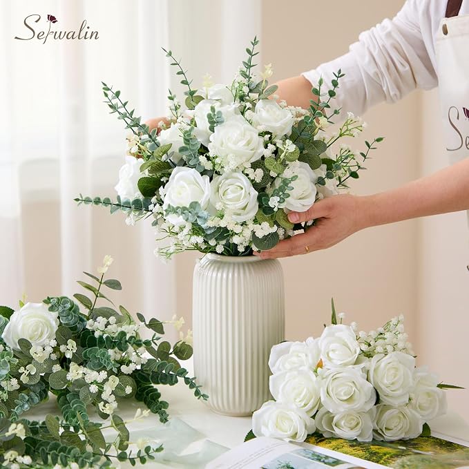 Serwalin 120 Pcs Mixed Eucalyptus Greenery Stems, White Silk Roses and Babys Breath Artificial Flowers for DIY Wedding Bouquets Home Party Arrangement Floral Vase Decor