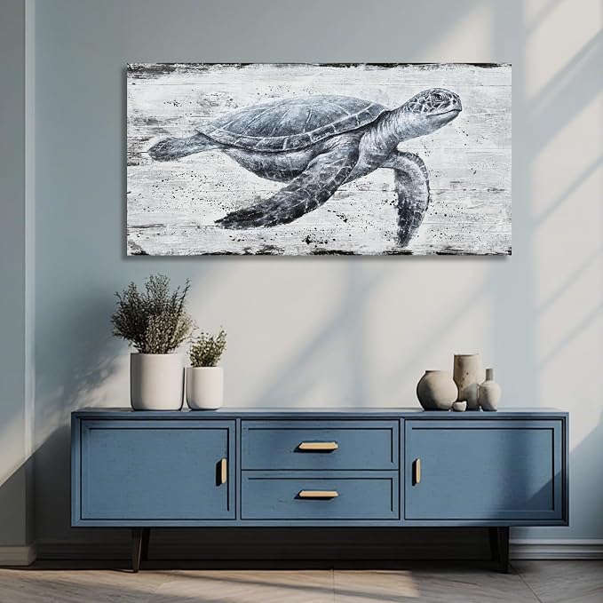 Hue7Art Ocean Inspired Turtle Canvas Wall Art Style Marine Animal Painting, Coastal Theme Artwork for Living Room Bedroom Bathroom Beach Home Decor 24x48 Inch