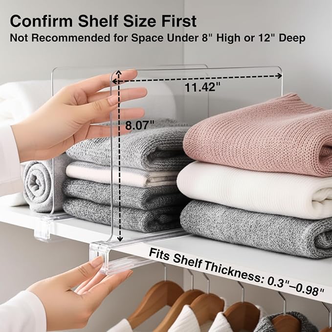 SortNStore Shelf Dividers Purse Organizer for Closet: 12-Pack Acrylic Bag Storage Organizer for Handbags, Clutches, Clothes, Sweater, Towel on Wood Shelves
