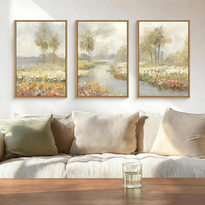 HPNIUB Large Watercolor Wildflower Framed Canvas Wall Art,Vintage Landscape Wall Decor,Rustic Wilderness Field Art Prints,Nature Floral Tree Artwork for Living Room,Bedroom,Farmhouse,Office -16"x24"x3