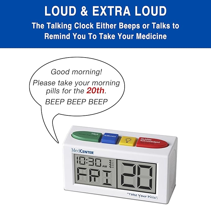 MEDCENTER Talking Alarm Clock HSA/FSA, Medication Pill Reminder Clock, Alarm Clock for Dementia, Hearing, Visually impaired Seniors-Digital Clock Ex Large White - Gift for Mom, Dad, Elderly, Seniors