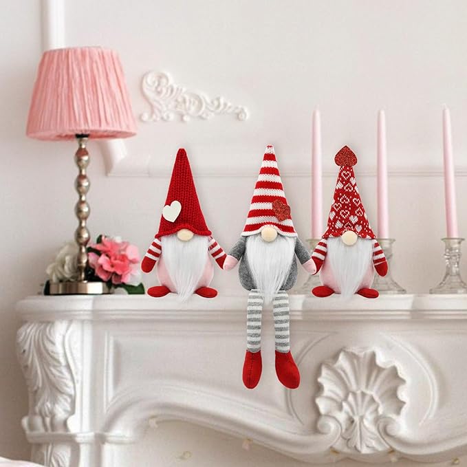 Valentines Day Decorations, 3Pcs Valentine Gnomes Plush with Hearts, Table Tired Tray Decor Indoor for Home Office, Romantic Gift for Her, Him