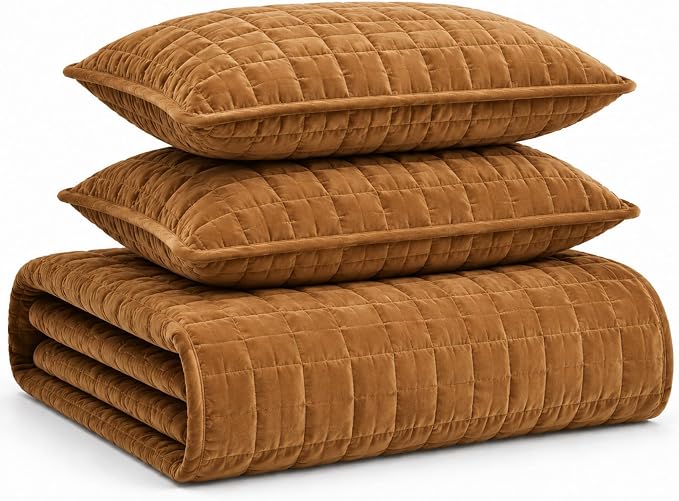Tribeca Living Luxury Velvet Quilt Twin Size Set - 260GSM Ultra-Soft Oversized Velvet Bedspread Comforter Set with 1 Sham, in Florence Camel