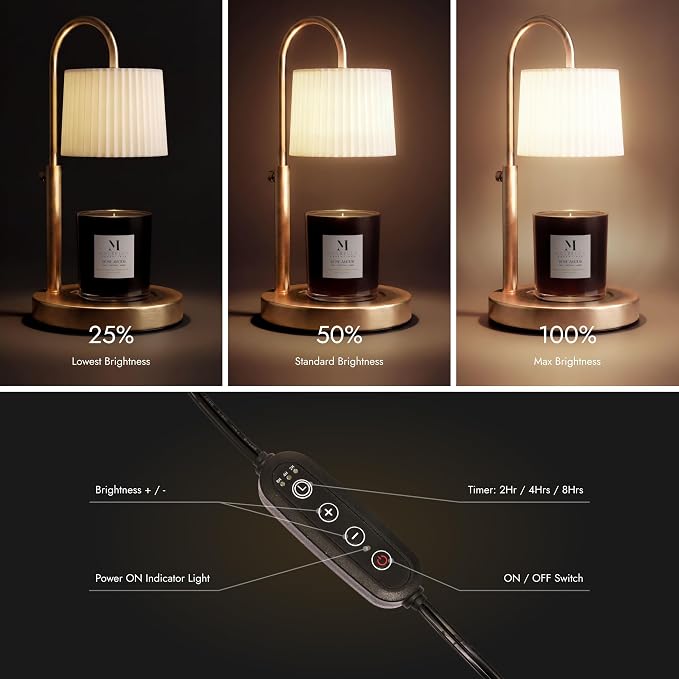 Dimmable Glass Candle Warmer Lamp with Timer - Adjustable Height Candle Lamp Warmer with Timer (8H/4H/2H) - Wax Melter - Ideal Gift, fits Various Size Scented Candles - 02 Bulb - (Gold Metal)
