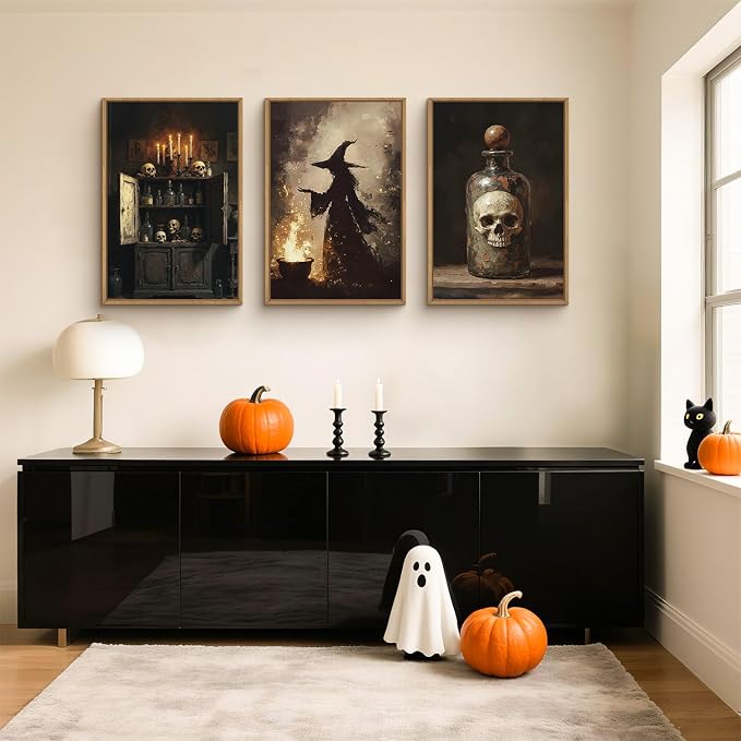 HPNIUB Halloween Witch Framed Canvas Wall Art Set, Terrifying Skeleton Poster Artwork, Vintage Halloween Wall Decor, Dark Academia Gothic Pictures for Bedroom Living Room Bathroom Party-24 x36 x3