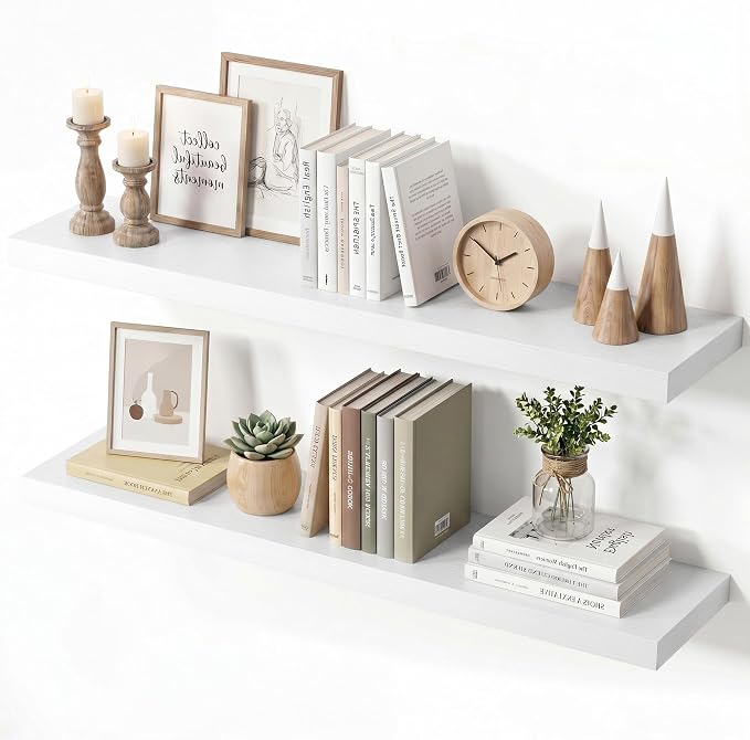 Vivelove Wall Floating Shelves for Display with Invisible Brackets, 30 Inch Floating Shelves for Kitchen Bedroom Bathroom Living Room Kitchen Office, 30”X 8" X 1.4", Set of 2 - White