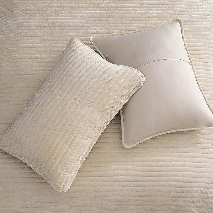 PHF Luxury Velvet Quilt Set King Size – 3PCS Ultra Soft Quilted Comforter Alternative with Striped Channel, Cozy Quilted Bedspread, 1 Coverlet with 2 Matching Shams, 108" x 92", Sand