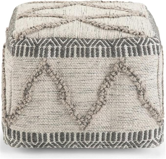 SIMPLIHOME Sweeney Square Pouf - 18 inch Wide Upholstered Wool and Cotton Handloom Woven Ottoman in Grey and Natural, Boho-Style Footstool, Extra Seating or Accent Piece for Living Room, Assembled