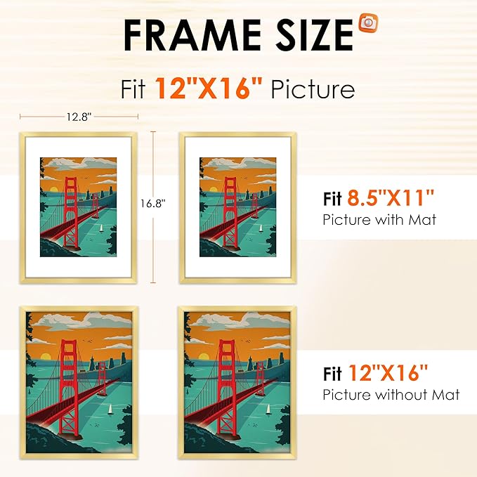 FIXSMITH 12x16 Picture Frame Gold Set of 2, Photo Frame with HD Plexiglass, Display Pictures 8.5x11 with Mat or 11x17 Without Mat, Gold Picture Frames Collage Wall Decor, Gallary Wall Frame
