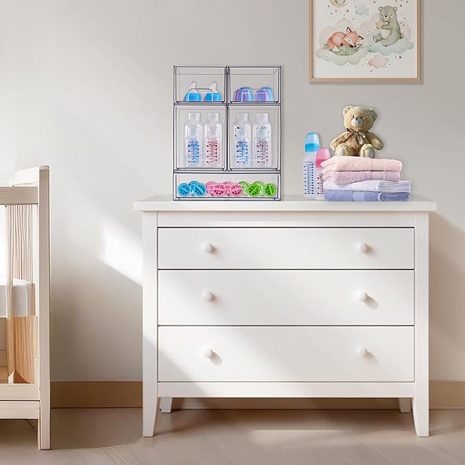 Sorbus Stackable Acrylic Storage Drawers, 4 Pack Clear Plastic Organizer Bins for Baby Bottles, Makeup, Bathroom, Vanity & Countertop Organization, Pull-Out Drawer Design for Cabinets & Pantry