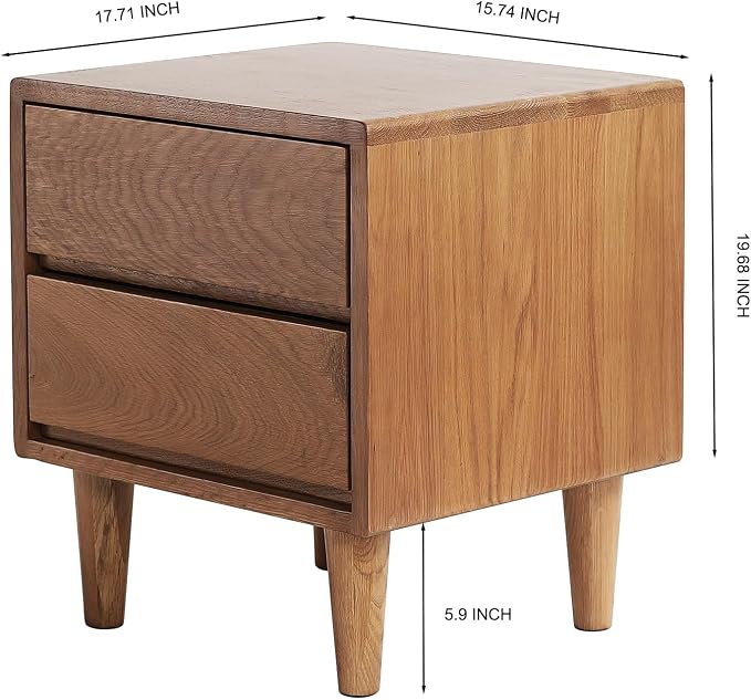 Solid Oak Wood Nightstand, Bedside Table with 2 Drawer, Mid-Century Luxury Night Stand, Modern Sofa Side End Table, Farmhouse Wooden Night Stand Bedside Table for Bedroom, Easy Assembly, Light Walnut
