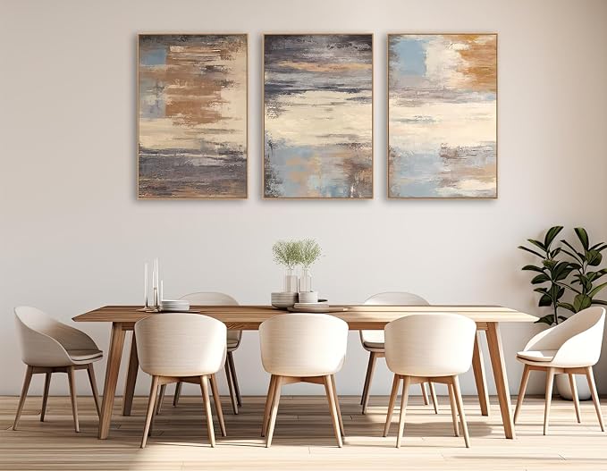 Large Framed Canvas Wall Art - Natural Float Framed Colorful Pictures for Living Room Decor Contemporary Brown Beige Grey Lines Artwork for Bedroom Kitchen Home Office Decoration 96" X 48" Set of 3