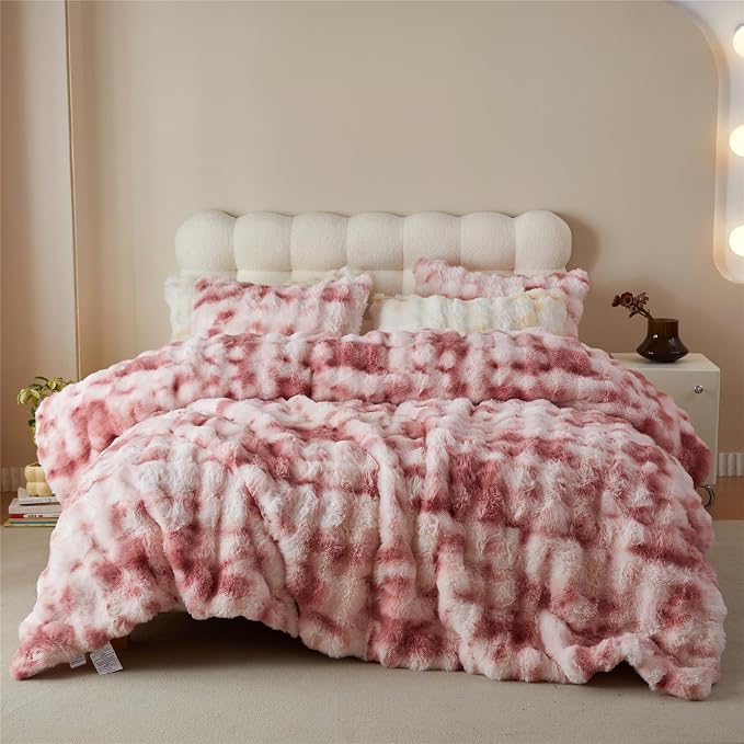 Simple&Opulence Fluffy Faux Fur Comforter Set, Plush Fuzzy Minky Bedding Set, 3 Pieces Warm Soft Comforter Bedding Set for Winter - 1 Shaggy Comforter with 2 Pillow Shams(King, Pink)