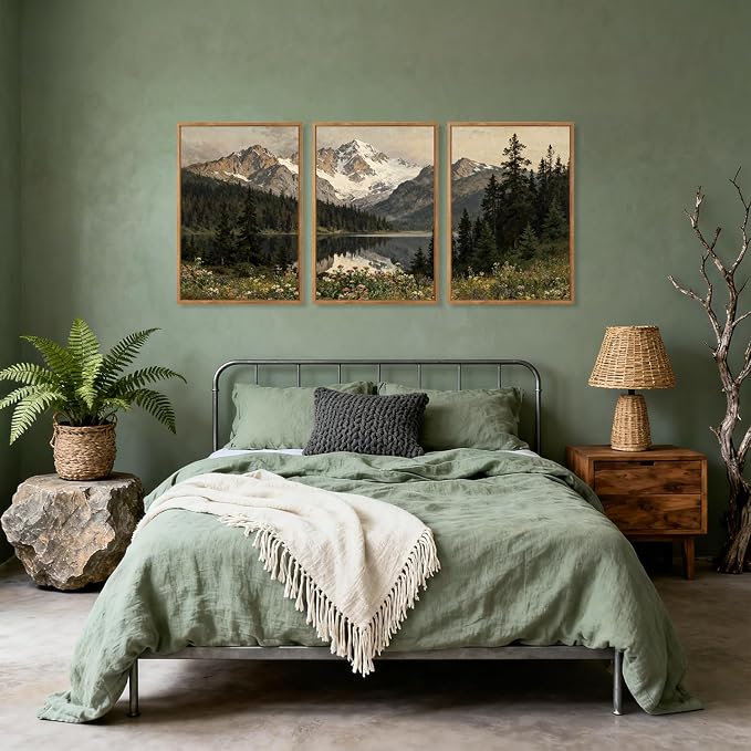 TOARTi Large Framed Snowy Mountain Forest Canvas Wall Art Set,Woodland Forest Lake Landscape Wall Decor,Modern Natural Green Wildflower Art Prints for Farmhouse Living Room Bedroom Office-24”x35”x3