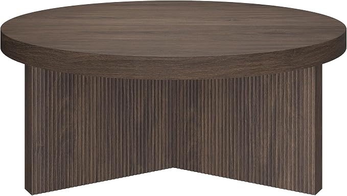 Henn&Hart 36" Fluted Round Low-Profile Coffee Table with Ribbed Pedestal Base Living Room, Family Room, or Office, Rich Brown