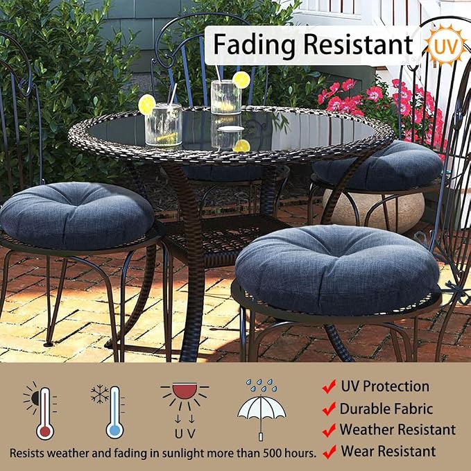 Magpie Fabrics Outdoor Round Bistro Seat Cushions with Ties, 15"x15"x4" Set of 2, Tufted Waterproof Barstool Chair Pads for Patio Home Garden Office, Navy Textured