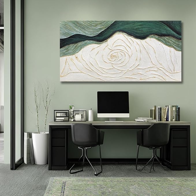 Dolidoteart Canvas Wall Art, Green Abstract Wall Art Print with Textured Hand-Painted Look, Sage Green Cream Gold Horizontal Artwork for Office Living Room Bedroom, 24x48 Inch