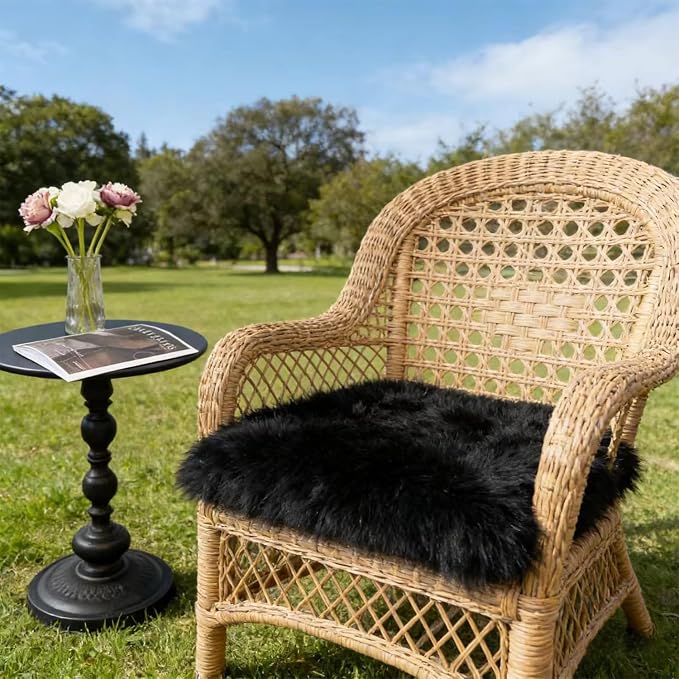 Sheepskin Chair Cushion Non-Slip Back Square Genuine Fur Chair Cover Silky Natural Wool Seat Cushion Pad Soft Area Rugs Carpet for Home Office Restaurant Chair 18x18 Inch (Pack of 1), Inky Black