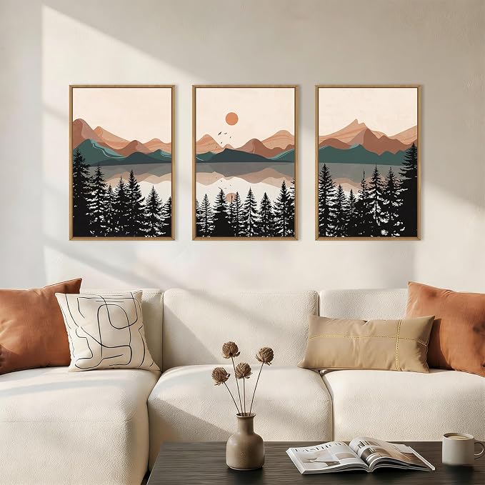 KAIRNE Boho Mountain Sunset Framed Canvas Wall Art Set,Colorful Mid Century Forest Wall Decor,Beige Nature Pine Tree Art Prints,Abstract Modern Landscape Artwork for Living Room,Bedroom,Farmhouse,Office-24"x36"x3
