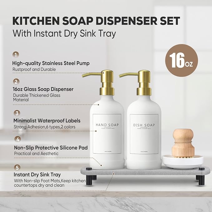 Kitchen Soap Dispenser Set with Instant Dry Tray,16 Oz Hand and Dish Soap White Glass Dispenser Set,Stainless Steel Pump,Waterproof Labels&Dish Brush,Luxury Soap Bottle for Kitchen,Bathroom