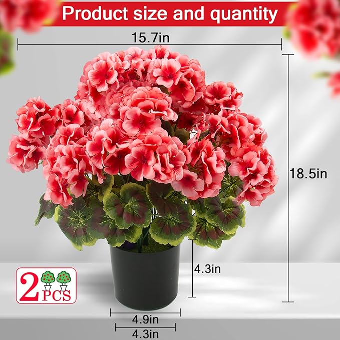 lovemoon 2Set Geranium Potted Artificial Flowers,Fake Geranium Plants for Outdoor Home Décor Office Tables Porch Garden Decor (2, Peach)