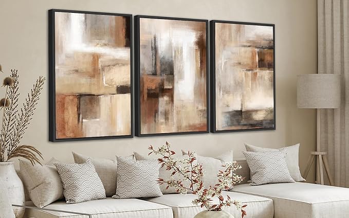 ASDCEUTICALS Large Canvas Wall Art - Brown and Beige Abstract Pictures for Living Room Vintage Wall Decor Retro Rustic Paintings Black Float Framed for Bedroom Dinning Room 32" X 48" X 3 pcs