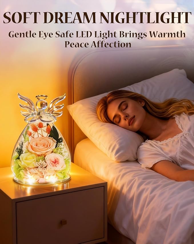 homeasy Birthday Gifts for Women Mom, Preserved Flowers Rose in Glass Angel Figurines, Forever Fresh Flowers for Delivery Gift Box with 3D Card for Grandma Wife Her