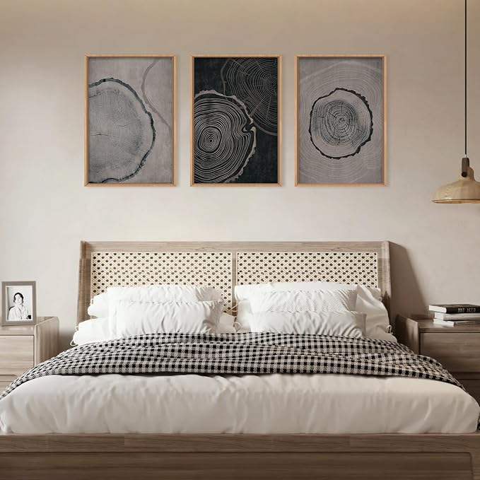 Ausril Large Neutral Tree Ring Framed Canvas Wall Art Set, Modern Beige Wood Stump Wall Decor, Nature Tree Spiral Prints,Minimalist Black Gray Artwork for Living Room, Bedroom, Office - 24"x36"x3