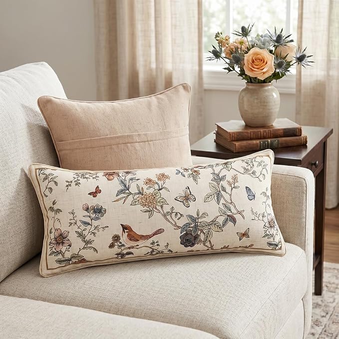 ISAENNE Designer Linen Throw Pillow Cover,Set of 2,28"x12"-Cornucopia A | Elegant French Rectangle Pillow Cover,Concealed Zipper,Floral and Bird Pattern,Sofas,Bedroom,Living Room,Lounge Chairs