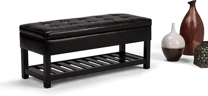 SIMPLIHOME Cosmopolitan Storage Ottoman Bench - 44 inch Wide Upholstered Vegan Leather Rectangle Storage Ottoman in Midnight Black, Transitional Bench for Bedroom with Tufted Lift-Top and Open Shelf