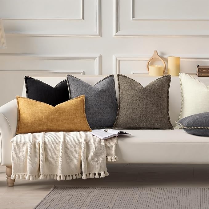 decorUhome Summer Decorative Throw Pillow Covers 20x20 Set of 2 Square Faux Linen Farmhouse Pillow Covers with Stitched Edge Outdoor Neutral Pillow Covers for Couch Sofa Living Room, Chocolate