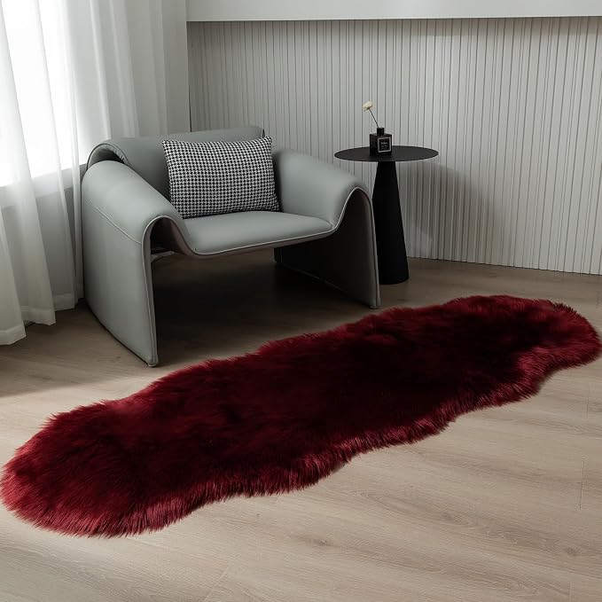 Faux Fur Sheepskin Runner Rug Burgundy 2x6 ft Ultra Soft Shaggy Plush Fluffy Fuzzy Area Carpet Decorative Chair Cover Floor Mat for Bedroom Sofa Living Room Bedside