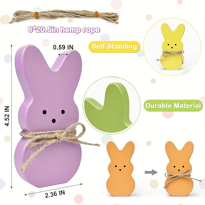 Easter Bunny Decorations for Home Table,6 PCS Spring Wooden Peeps Centerpiece Signs Decor with Hemp Rope for Indoor Office Tiered Tray,Easter Basket Stuffers Wood Gifts Stuff for Mantel Shelf Bathroom