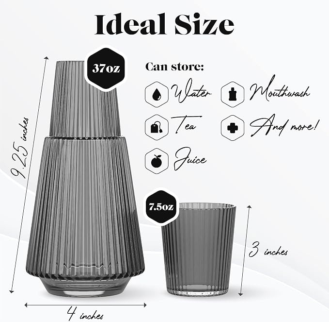 American Atelier 37 oz Vintage Bedside Water Carafe with Tumbler – 9.25" Ribbed Glass Pitcher with Cup Lid for Bedroom, Guest Room, Office, Vanity, Decorative & Practical Drinkware (Gray)